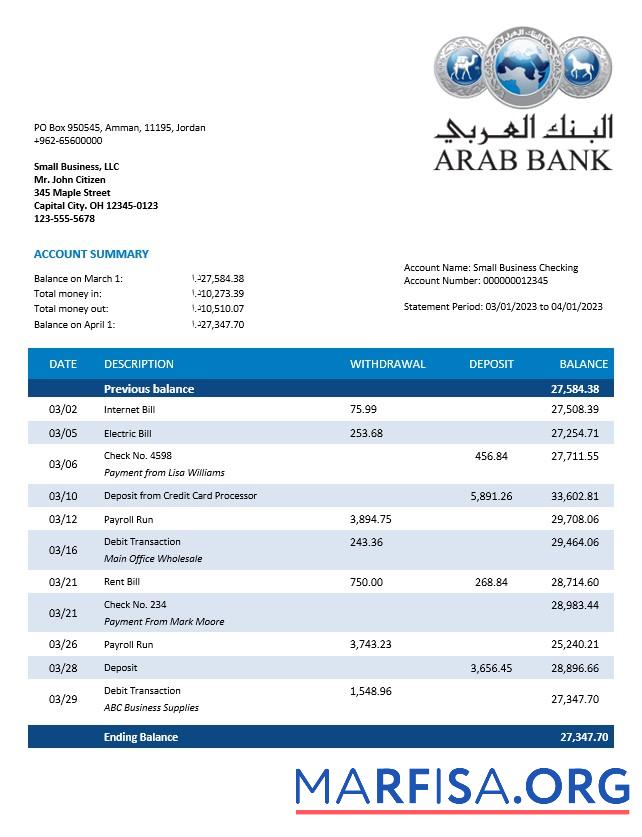 Blank Oman Arab Bank company checking account statement Word and PDF template